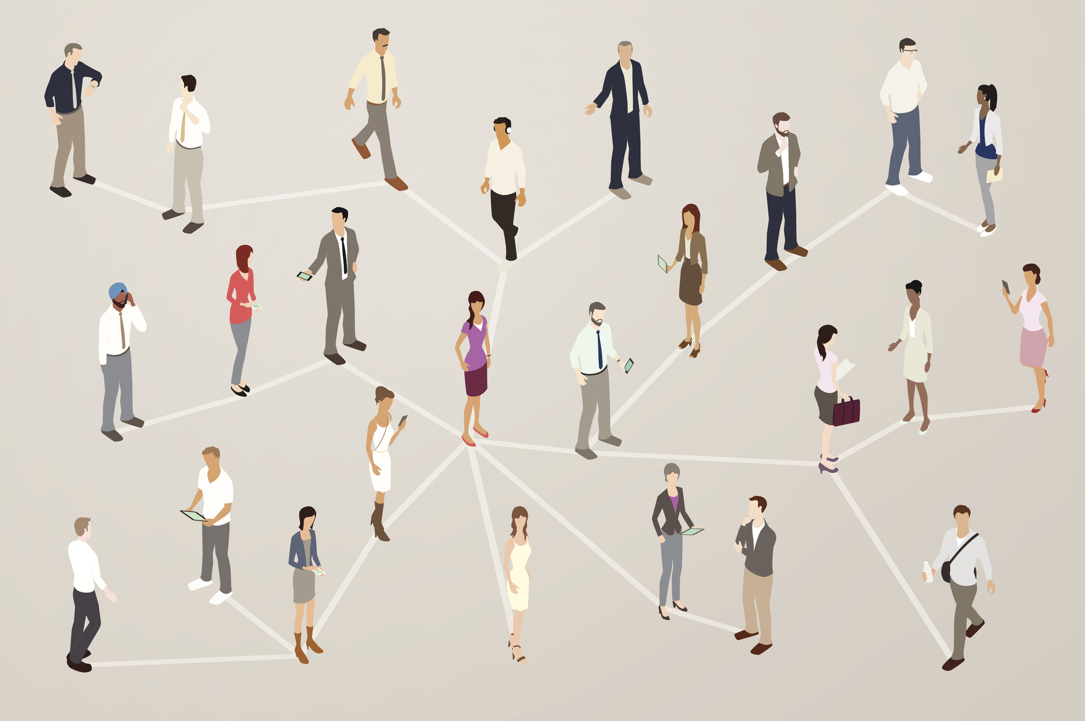 A variety of people stand connected by a network, illustrated in a flat vector style in isometric view. Men and women are dressed for both conservative and casual career work, and can be seen communicating with each other.